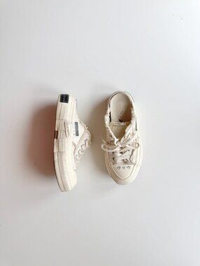 xVESSEL G.O.P. White Frayed Canvas "Peace By Piece" Slip On Sneakers, Size M5/W7